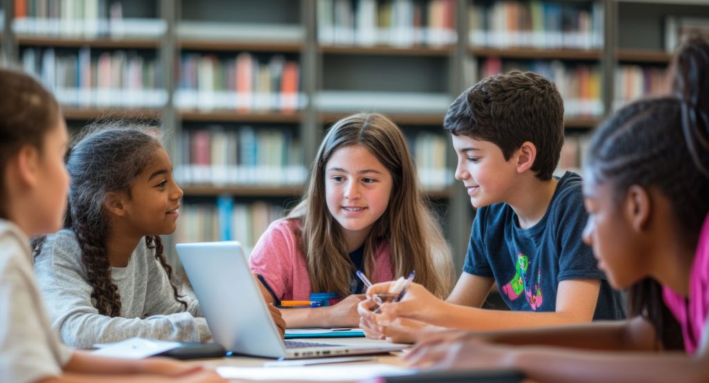 Group of diverse students sitting together, sharing and enjoying lunch in a lively school cafeteria, with one student in focus smiling brightly, fostering a sense of camaraderie, friendship