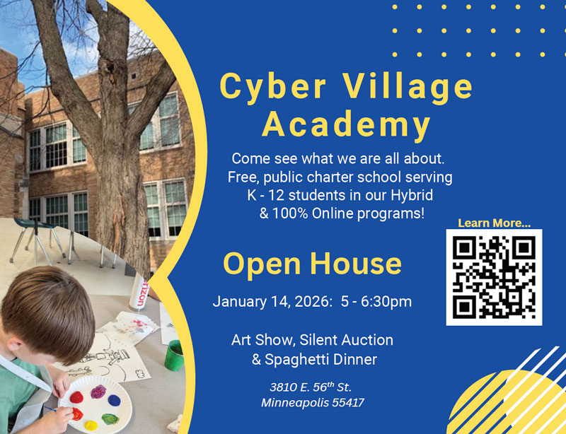 Cyber Village Academy Open House flyer showing a student painting artwork, the school building, and event details for a January 14, 2026 open house with QR code for more information.